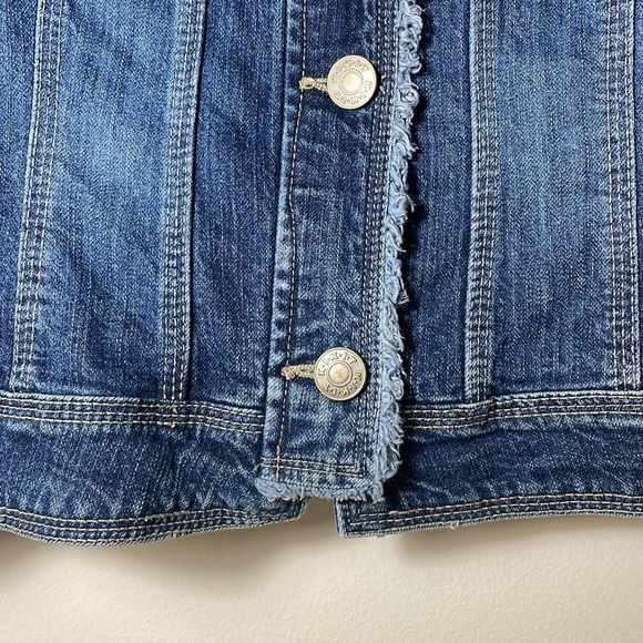 😎Y2K KIKIT JEANS Blue Jeans Jacket Pockets Fitted Raw Edge Frayed Moto Size XL - Picture 8 of 13